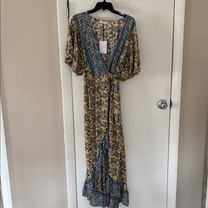 Aura Yellow Floral Maxi Dress with Blue Paisley Trim